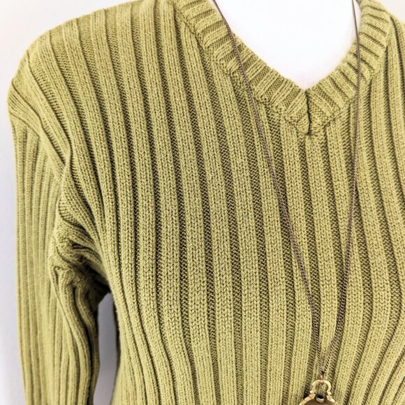 VTG 00s Y2K Conwell Green Ribbed Knit V Neck Long Sleeve Sweater Sz M Grunge - Picture 4 of 6